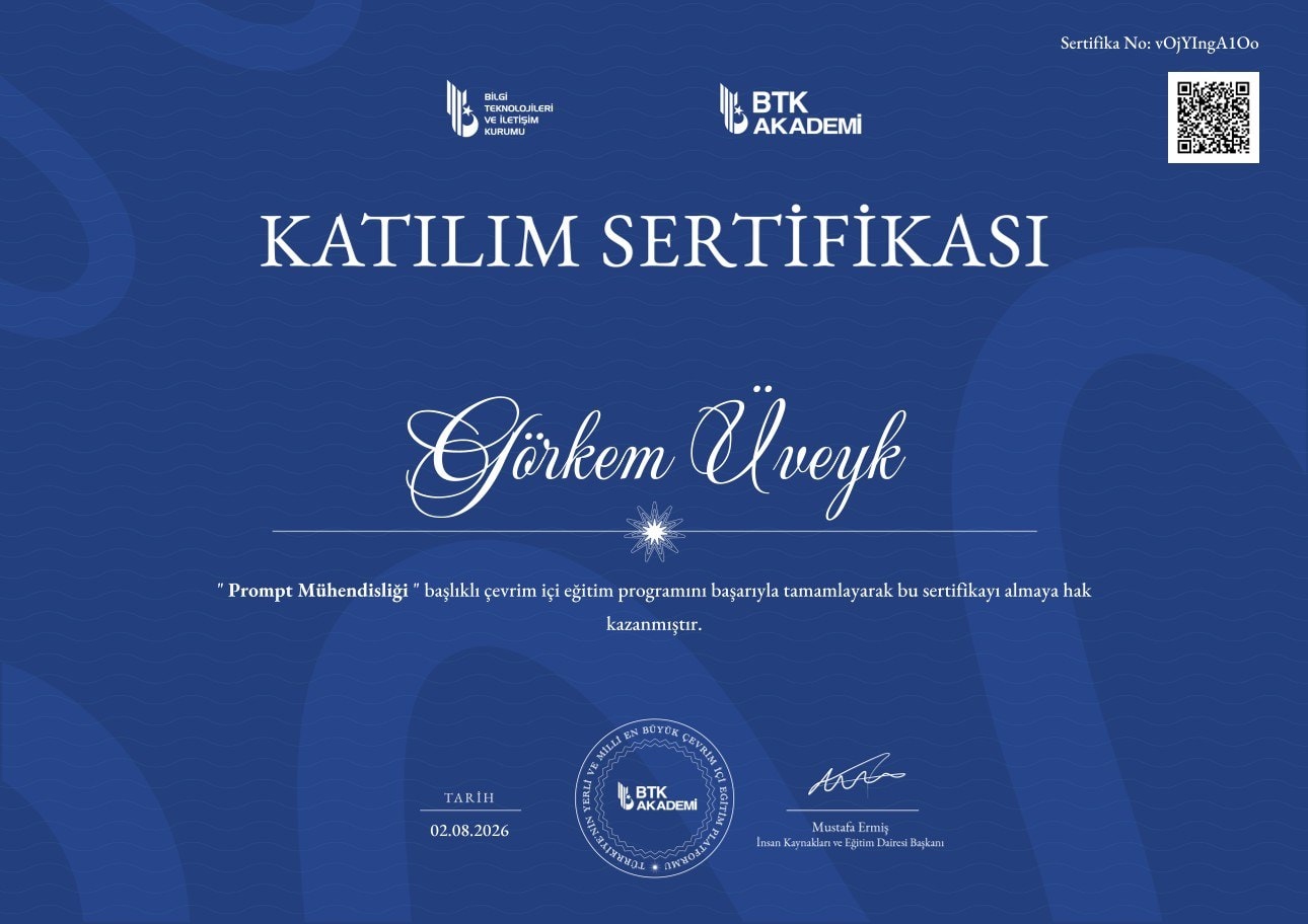 BTK Akademi tarafından verilen Prompt Mühendisliği sertifikası
